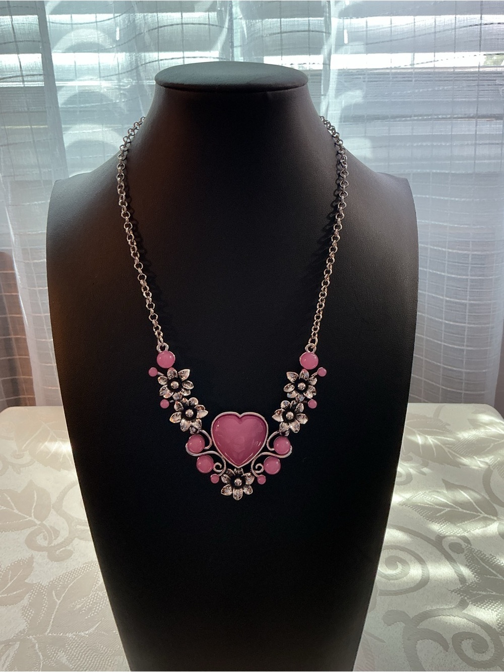 Pink Heart & Flower Resin Antique Silver Tone Romantic Statement Necklace